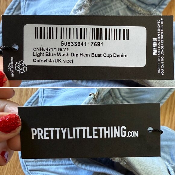 PrettyLittleThing Light Blue Wash Denim Corset Top Size 0 Bustier Dip Hem Y2K - Picture 6 of 9